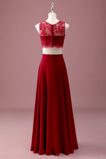 Dentelle Bourgogne Col Rond Une Ligne Longue Robe de Demoiselle D’honneur Junior Avec Haut Court